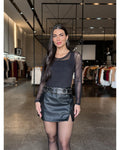 Short Saia Couro Eco Com Cinto Boho - LANÇAMENTO
