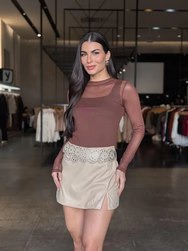 Short Saia Couro Eco Com Cinto Boho - LANÇAMENTO